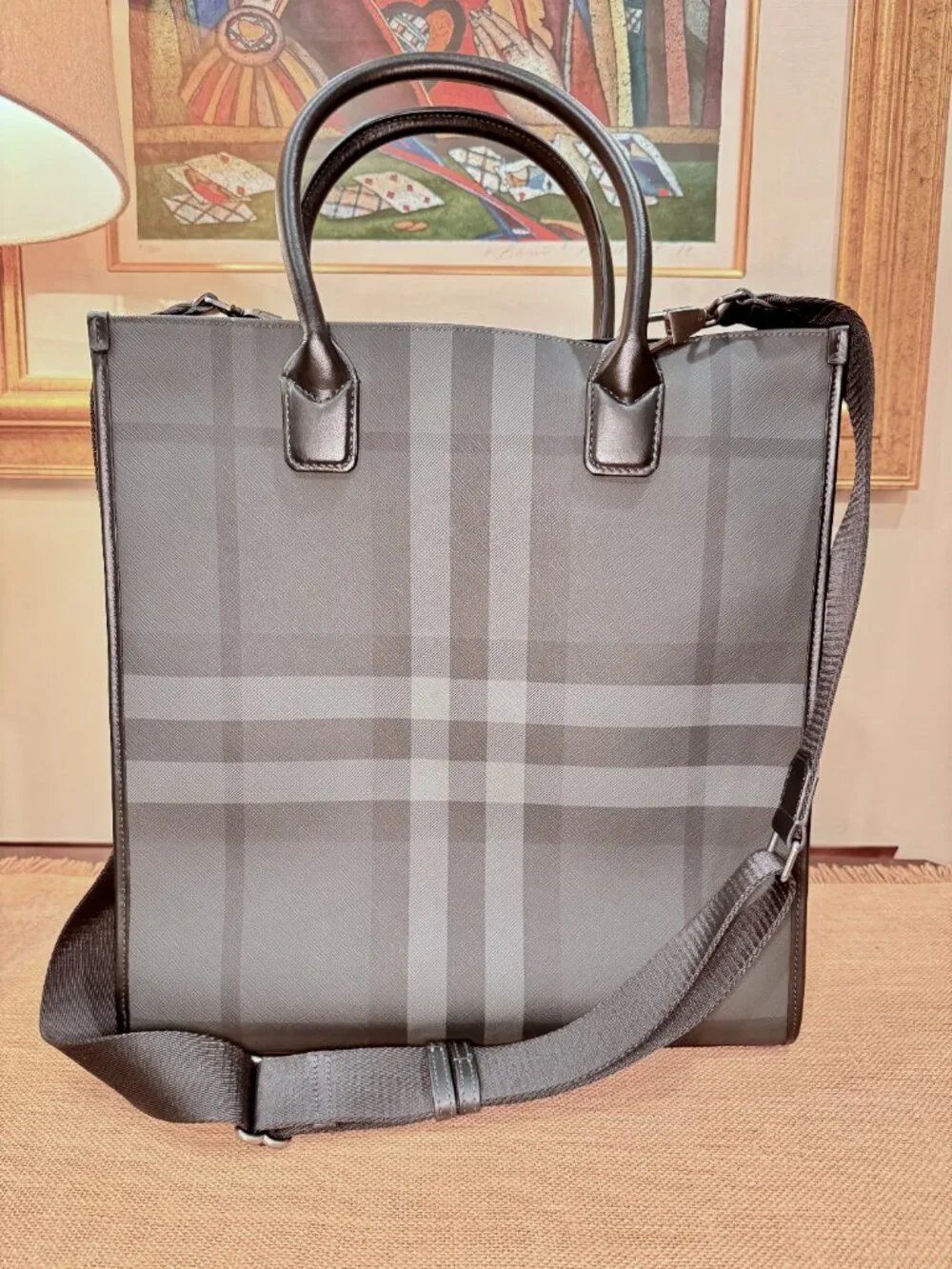 Burberry Slim Vertical Denny Tote in Charcoal Check